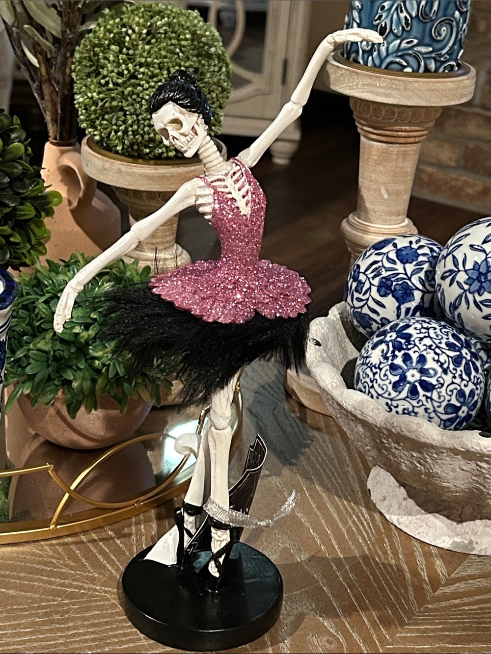 NEW! Vintage Inspired Skeleton Ballerina Figurine in Pink Glitter & Black Tutu